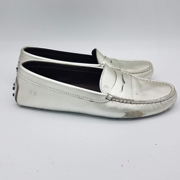 Tod's Gommino Driving Loafers Womens 37.5 Silver Metallic Leather Penny Loafers - Picture 3 of 12